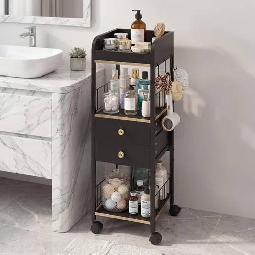 Vista 9 de Makeup Organizer Cart, Rolling Floor Skincare Organizer and Storage with 2 Wooden Drawers, Cosmetics Display Cases Holder for Skin Care Perfume Hair