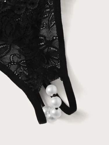 Vista 4 de SOLY HUX 2 piezas de perlas sintéticas de encaje floral para mujer, tangas sexys con tirantes y tiro bajo para lencería, Rosado y Negro, talla única