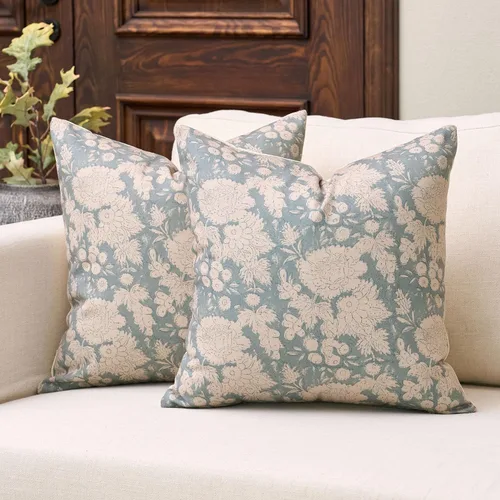 Vista 14 de DOMVITUS Fundas de almohada florales de 18 x 18 pulgadas, juego de 2, fundas de almohada vintage con estampado en bloque, fundas de almohada