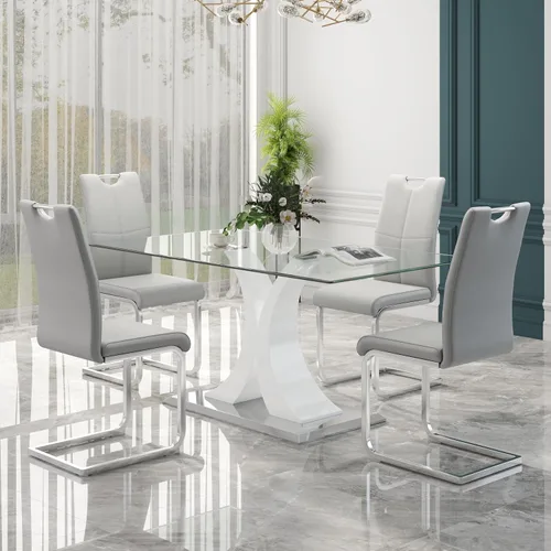 Vista 11 de Juego de comedor moderno de vidrio de lujo de 5 piezas, juego de cena rectangular minimalista grande para 4, juego de mesa de cocina de vidrio