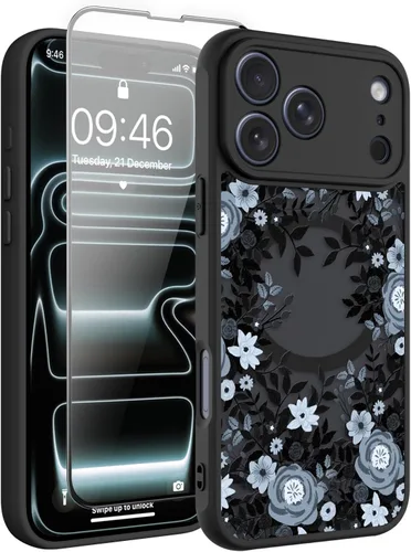 Vista 174 de Magnético para iPhone 13 con protector de pantalla [Compatible con MagSafe] Diseño de patrón floral de flores bonitas, funda delgada a prueba
