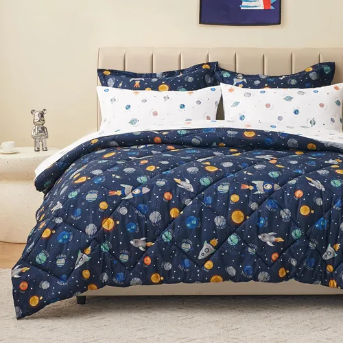 Vista 9 de PPOLCA Juego de edredón de dinosaurio azul tamaño individual para niños, ropa de cama de 5 piezas con sábanas y funda de almohada, súper suave