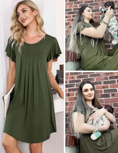 Vista 5 de Ekouaer 3 en 1 camisón de lactancia de maternidad vestido de hospitalparto vestido de hospital de manga acampanada plisado vestido de lactancia