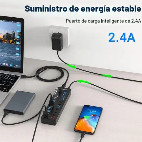 Vista 5 de Hub USB alimentado, divisor de concentrador USB 3.0 de 11 puertos, 10 puertos de transferencia de datos USB 3.0 + 1 puerto de carga inteligente