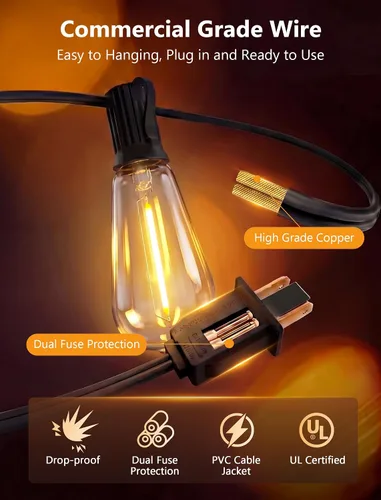 Vista 9 de Tira de luces LED ST40 de 20 pies para exteriores con 22 bombillas Edison vintage inastillables, tira de luces para patio, impermeable, para patio