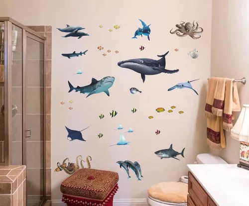 Vista 6 de Calcomanías de pared de peces con temática oceánica, bricolaje, ballena submarina, pulpo, delfín, tiburón, calcomanías de pared para despegar