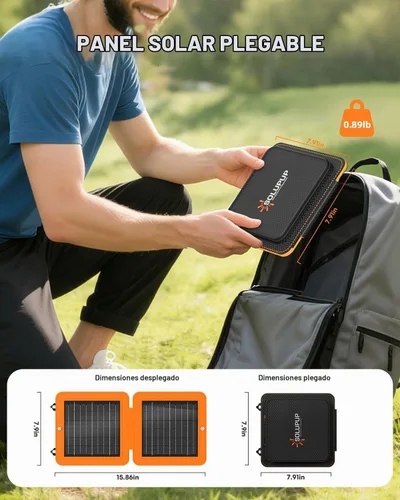 Vista 4 de SOLUPUP Paneles Solares, Cargador Solar Pequeño de 10W con USB-A de 5V y USB-C de Carga Rápida IPX5 Impermeable Plegable Panel Solar Portátil