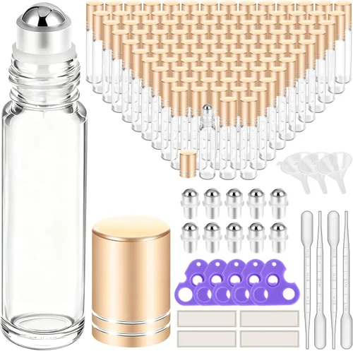 Vista 14 de PrettyCare 4 Pack 10ml Amber Glass Essential Oil Roller Bottles - Roller Ball Applicator, Leakproof Roll on Bottles, Travel Size Containers, Empty