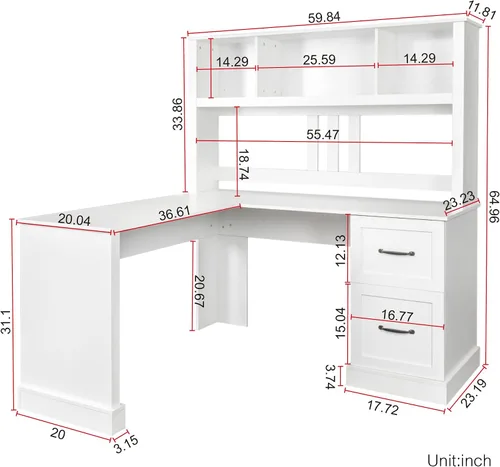 Vista 2 de Holaki Escritorio en forma de L, escritorio de computadora con cajones, estantería y gabinete, escritorio esquinero moderno, oficina en casa, mesa