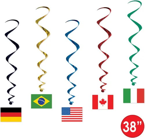 Vista 3 de Beistle 5 espirales colgantes de bandera internacional (paquete de 2) – verde, rojo, azul, amarillo – plástico y cartulina