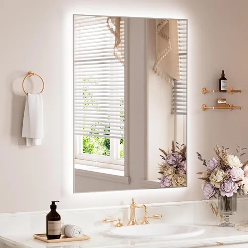 Vista 90 de WEER - Espejo de baño con luces LED, 50x70cm, espejo de tocador montado en la pared, 3 colores regulables, almohadilla antiempañante retroiluminada