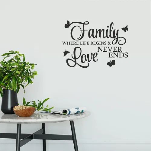 Vista 4 de Family Where Life Begins and Love Never Ends - Adhesivo con mariposas, calcomanías de vinilo extraíbles para pared, frases inspiradoras de arte