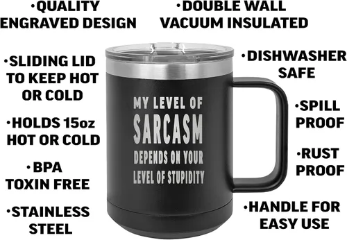 Vista 2 de Rogue River Tactical Funnt - Taza de café de acero inoxidable resistente con tapa, sarcasmo nivel sarcástico, gran idea de regalo para empleados