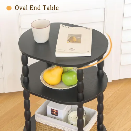 Vista 6 de MaxSmeo Mesa auxiliar negra, mesa auxiliar ovalada pequeña de 3 niveles, mesita de noche moderna, mesa decorativa de madera para sala de estar, Negro