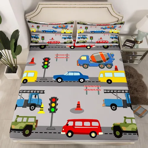 Vista 11 de Juego de sábanas bajeras ajustables para niños, diseño de caricaturas, camiones, tamaño individual, juegos de ropa de cama de excavadoras, camiones