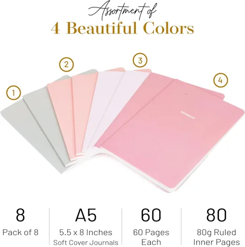 Vista 4 de Diario de cuaderno (paquete de 8), A5, 5.5 x 8 pulgadas, papel grueso de 2.82 oz/m², bonito juego de cuadernos con tapa de papel suave, diario