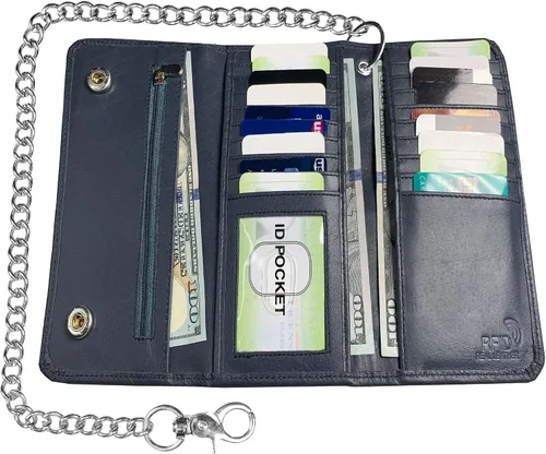 Vista 3 de IBRO Cartera de cadena de motocicleta para hombre 100 piel auténtica natural bloqueo RFID largo de triple pliegue organizador de dinero de tarjeta