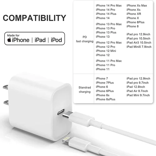 Vista 7 de Cargador rápido USB C para iPhone de 20 W con cable USB C a Lightning y cable compatible para iPhone 14/13/12/11/XS/XR/X/iPad 1Pack USB C Wall