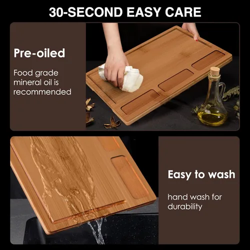 Vista 6 de Kikcoin Tabla de cortar de bambú para cocina, (juego de 3) tabla de cortar de cocina con 3 compartimentos integrados y ranura para jugos, bandeja