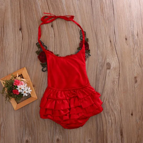 Vista 5 de Mrs.Baker'Home Baby Girl 3D Flower Applique Halter Floral Romper,Backless Bodysuit,Ruffle Sunsuit