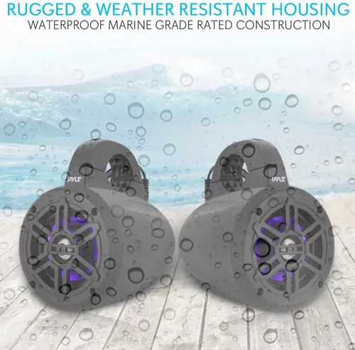 Vista 5 de Pyle Altavoces de torre de wakeboard marinos impermeables – Juego de altavoces de subwoofer dual de 4 pulgadas con luces LED y Bluetooth