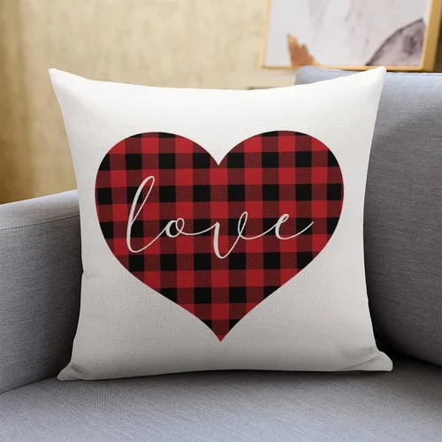 Vista 9 de Red and Black Buffalo Plaid Love Heart Hugs and Kisses Decorative Pillow Cover for Sofa Couch Chair Office Decor 16"x16",Romantic Valentine Pillow