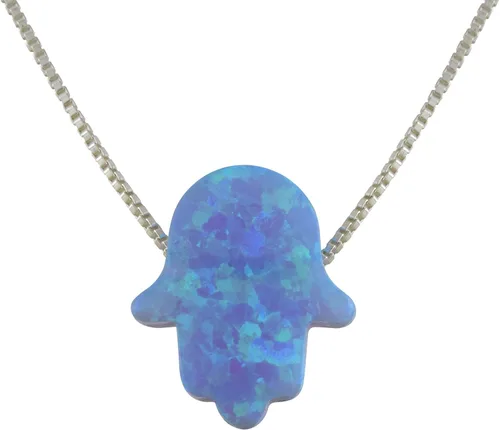Vista 2 de aJudaica, collar con colgante diseño de mano Hamsa con ópalo celeste, con cadena de plata esterlina