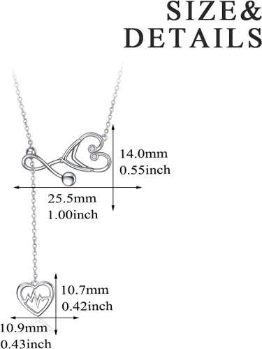Vista 3 de Yfn Collar con dije de estetoscopio, con diseño del caduceo médico, de plata esterlina, de 18.0 pulgadas
