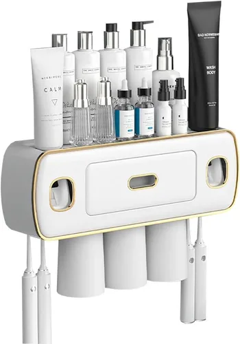 Vista 13 de Soporte para cepillos de dientes montado en la pared para baño y baño, kit de exprimidor de pasta de dientes doble automático, kit de exprimidor