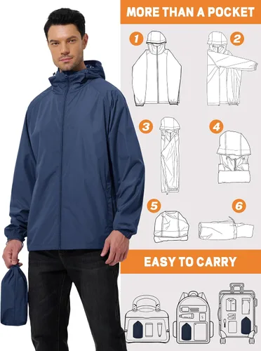 Vista 5 de Chaqueta impermeable para hombre, rompevientos, impermeable, para ciclismo, correr, senderismo, con capucha, ligera, plegable