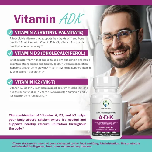 Vista 5 de NatureGenX ADK Suplemento vitamínico de 5000 UI – Vitaminas A, D3 y K2 de alta potencia para la salud ósea y absorción de calcio Suplemento