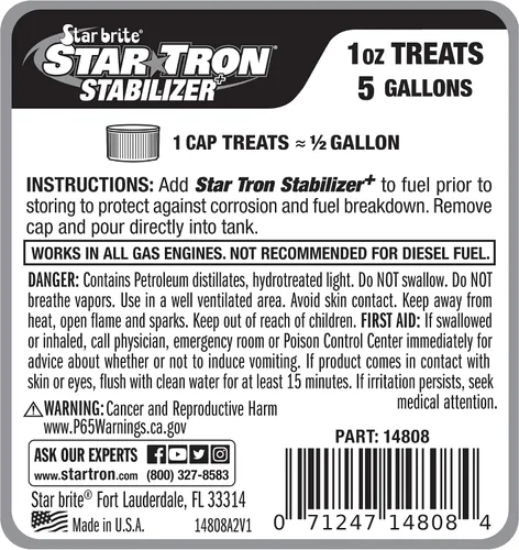 Vista 2 de Star Tron Stabilizador+ Almacenamiento de Combustible y Protección contra la Corrosión, Trata 40 Galones de Gasolina - Ideal para Motocicletas