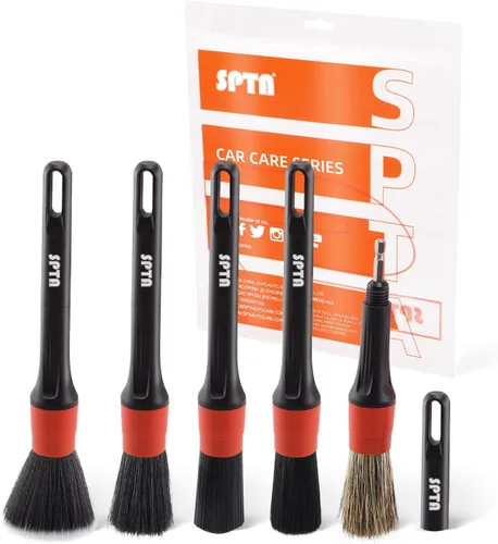 Vista 11 de SPTA juego de cepillos para detalle de coche, pack de 5 cepillos suaves de pelo de jabalí con codo para limpieza automotriz elegante de superficies
