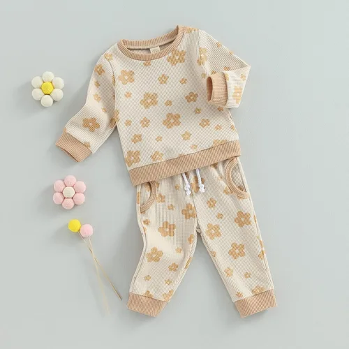 Vista 3 de Conjunto de sudadera de manga larga con estampado floral y pantalones casuales elásticos para niñas pequeñas