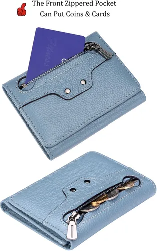 Vista 3 de AINIMOER Cartera pequeña de piel para mujer, delgada, compacta, con bloqueo RFID, con bolsillo para monedas, Bloqueo Rfid de Lichee Gray Blue
