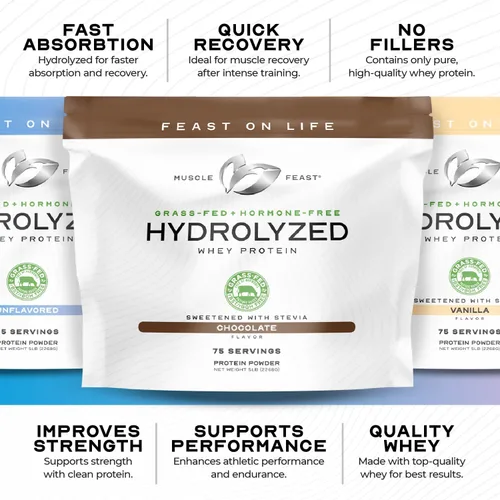 Vista 4 de Muscle Feast - Proteína de suero hidrolizada alimentada con pasto en polvo, chocolate (2 libras) All Natural Hormone-Free, Hydro Whey Powder for