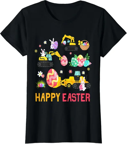 Vista 31 de Kids Happy Easter Construction Crane Truck Boys Toddler T-Shirt Negro