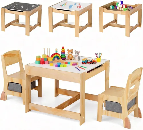 Vista 16 de Costzon - Juego de mesa y sillas para niños, escritorio de actividades multifuncional de madera para niños pequeños con mesa reversible, cajones
