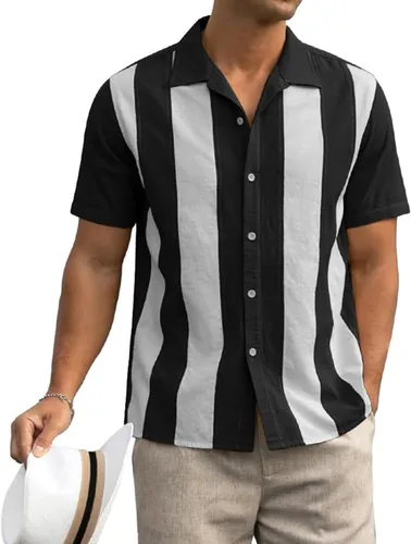 Vista 4 de Camisa de verano a rayas para hombre, camisa de guayabera cubana con botones, camisa de manga corta para playa, camisas hawaianas de trabajo casual