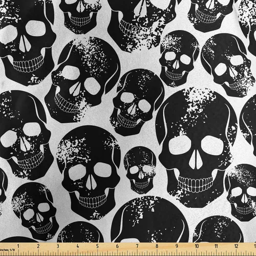 Vista 122 de Ambesonne The Yard, tela de calavera colorida con temática de Halloween, diseño de calavera y huesos cruzados, divertido estampado de dibujos