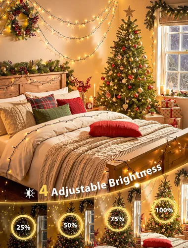 Vista 4 de Hopolon Guirnalda de luces para interiores y exteriores, 33 pies, 100 luces LED de Navidad con control remoto, cable verde conectable, luces