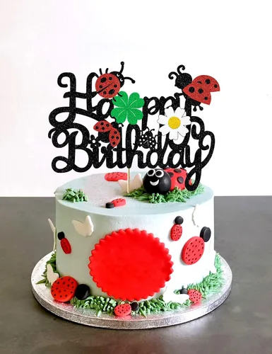 Vista 6 de Decoración para tartas de mariquitas, decoración de feliz cumpleaños para niños y niñas, mariquita con purpurina, trébol de margaritas, suministros