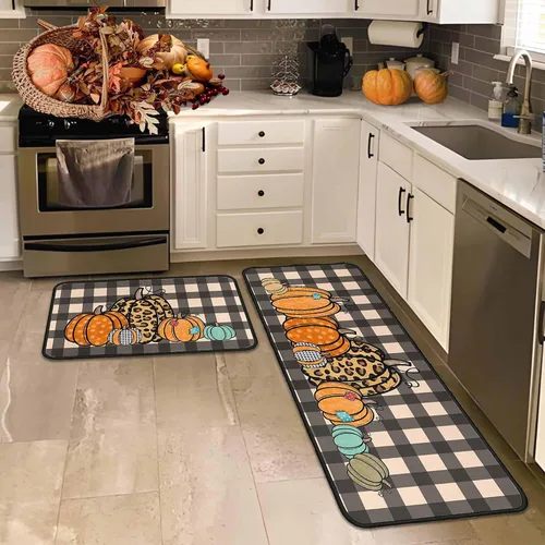 Vista 8 de Juego de 2 alfombras y tapetes de cocina de otoño, alfombras de cocina de Acción de Gracias, con respaldo antideslizante, decoraciones de otoño