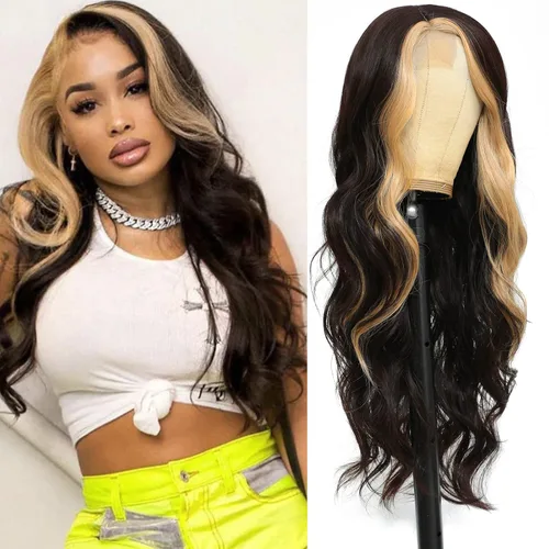 Vista 10 de Peluca de cabello sintético ondulado con encaje frontal, peluca marrón con reflejos rubios, pelucas largas onduladas de 28 pulgadas para mujeres
