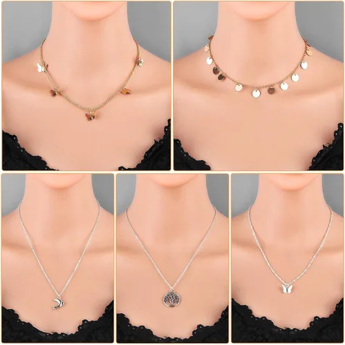 Vista 4 de Thrilez - Juego de 24 collares escalonados para mujeres adolescentes y niñas colores dorado y plateado simple y moderno joyería para usar