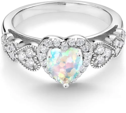 Vista 2 de Gem Stone King 925 Sterling Silver White Simulated Opal Ring For Women (1.18 Cttw, Heart Shape 6MM, Available in size 5, 6, 7, 8, 9)