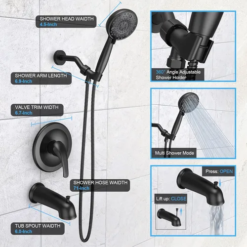 Vista 8 de EMBATHER Shower Faucet Set with Tub Spout, 2 in 1 Bathtub Faucet Set with 8 Modes Shower Head, Single-Handle Tub Faucet Set, Shower Valve and Trim