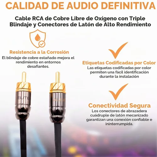 Vista 5 de Elite Audio Serie Pro 3 pies. Cable corto de audio para carro RCA de 2 canales - Triple blindaje, conectores de latón, cobre libre de oxígeno, cable