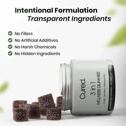 Vista 4 de Cured 3 en 1 - Gomitas puras de shilajit del Himalaya para hombres y mujeres Musgo marino, Ashwagandha y Miel de Manuka orgánica con más de 85