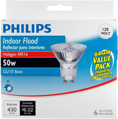 Vista 3 de Philips 415760 Bombilla halógena de inundación para interiores de 50 vatios MR16 GU10 Base 120 voltios, paquete de 6